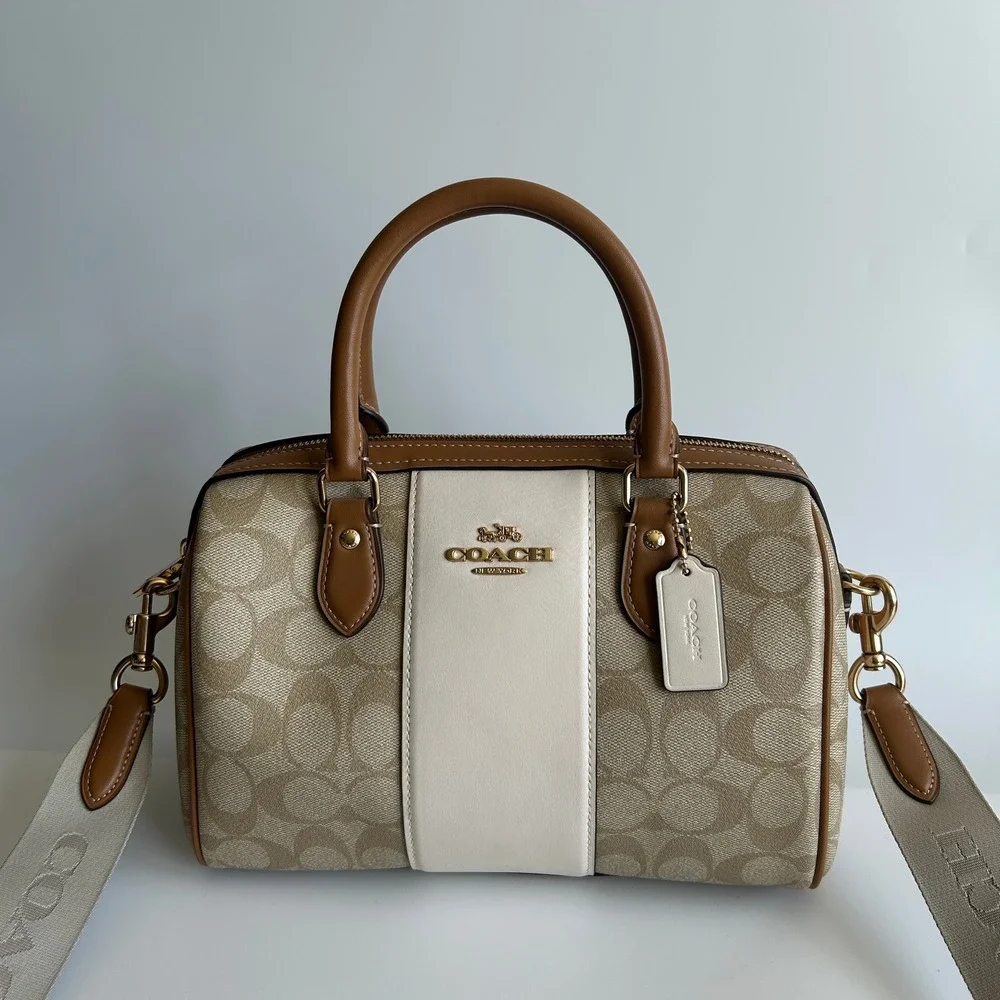 Coach Rowan Satchel Light Khaki Chalk Stripe Signature Canvas CR122